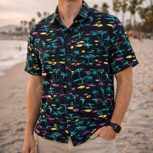 Unionbay Tropical Print‎ Short Sleeve Button Shirt Black Rayon Men's Medium